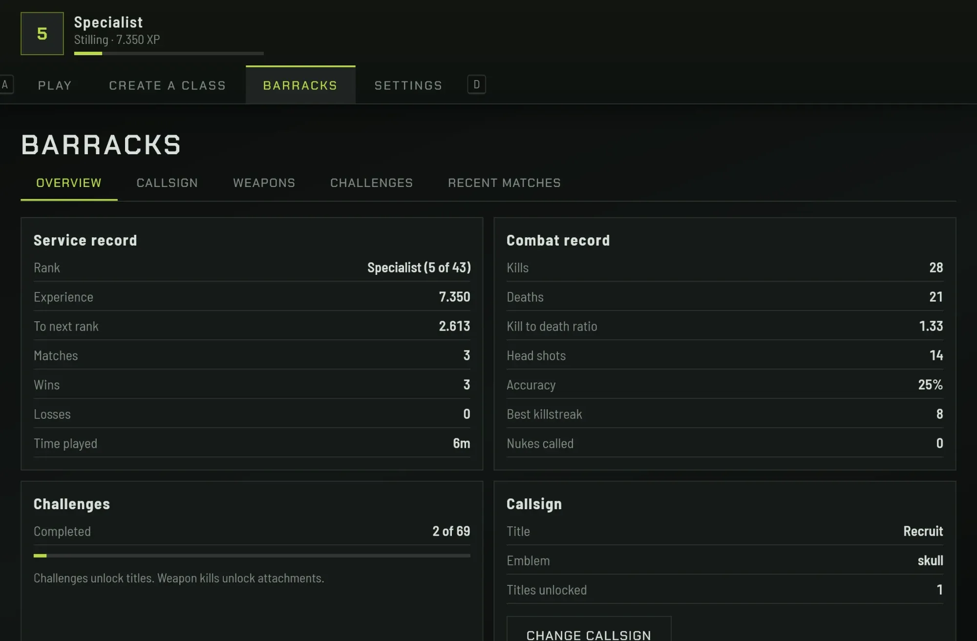 The barracks: service record, combat record, challenges and callsign.