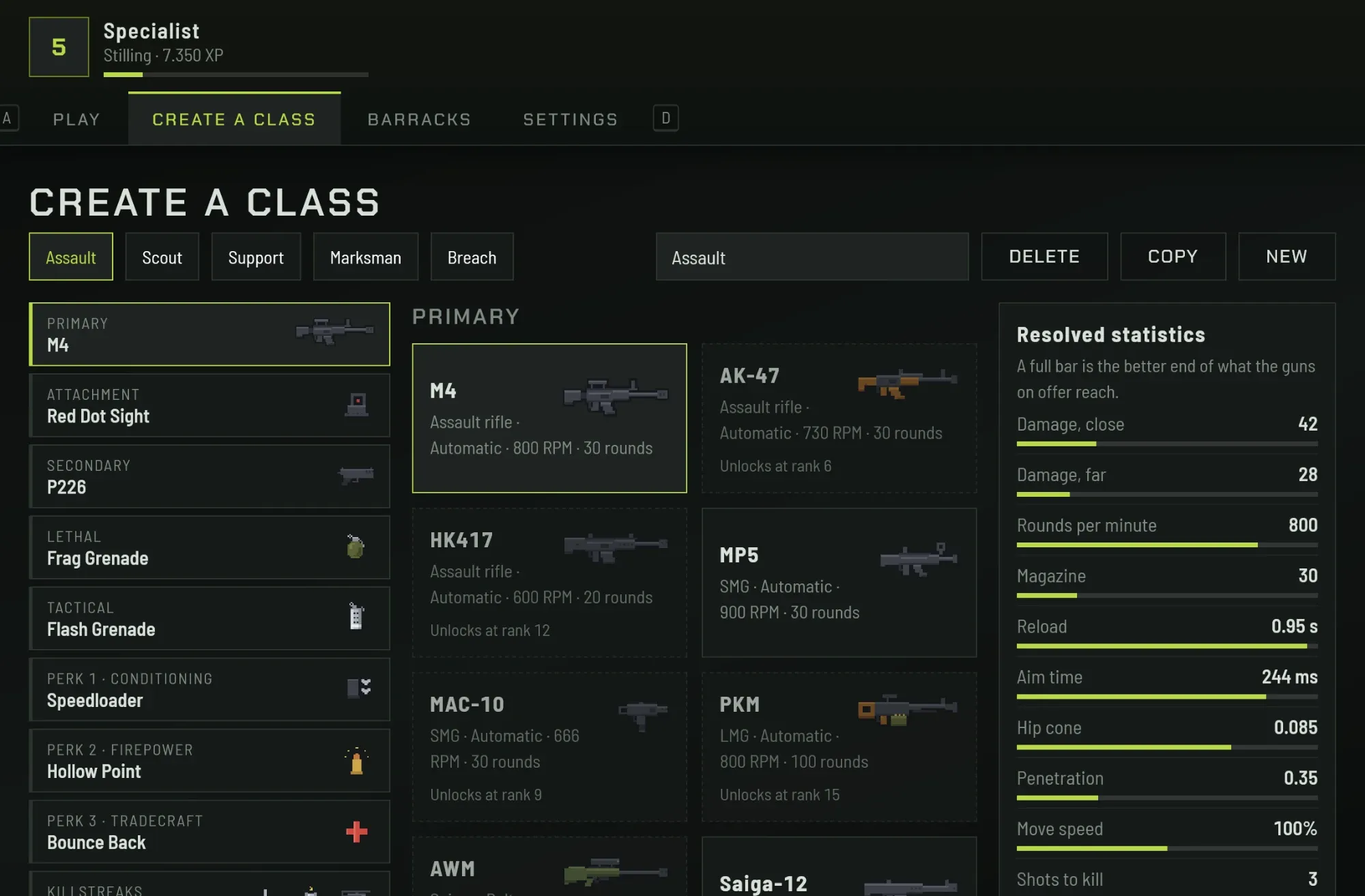 Create a Class: the loadout, the primary weapons and the resolved statistics.