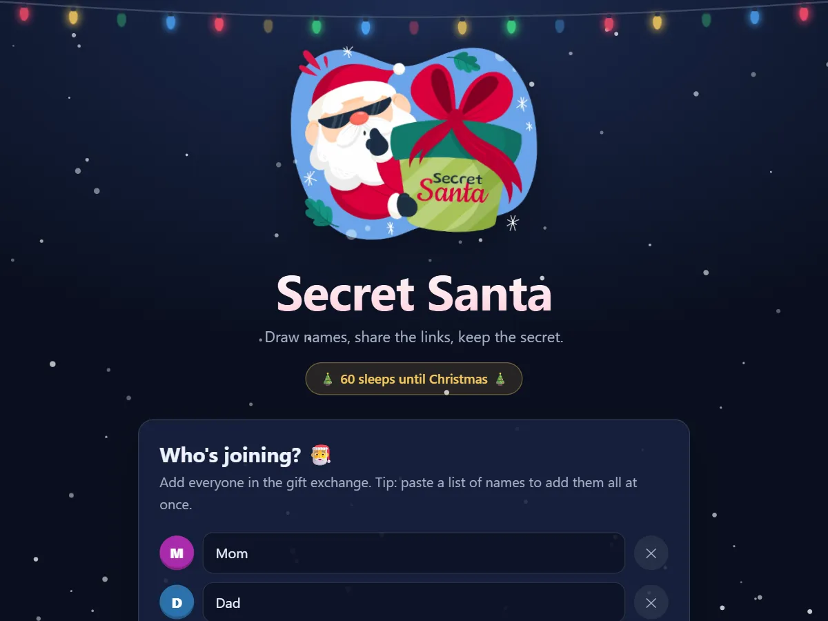 The Secret Santa page: Santa in sunglasses under a string of lights, the title Secret Santa, and the first names in the list.