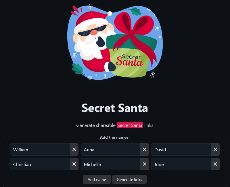 The Secret Santa page with six names added and the buttons Add name and Generate links.