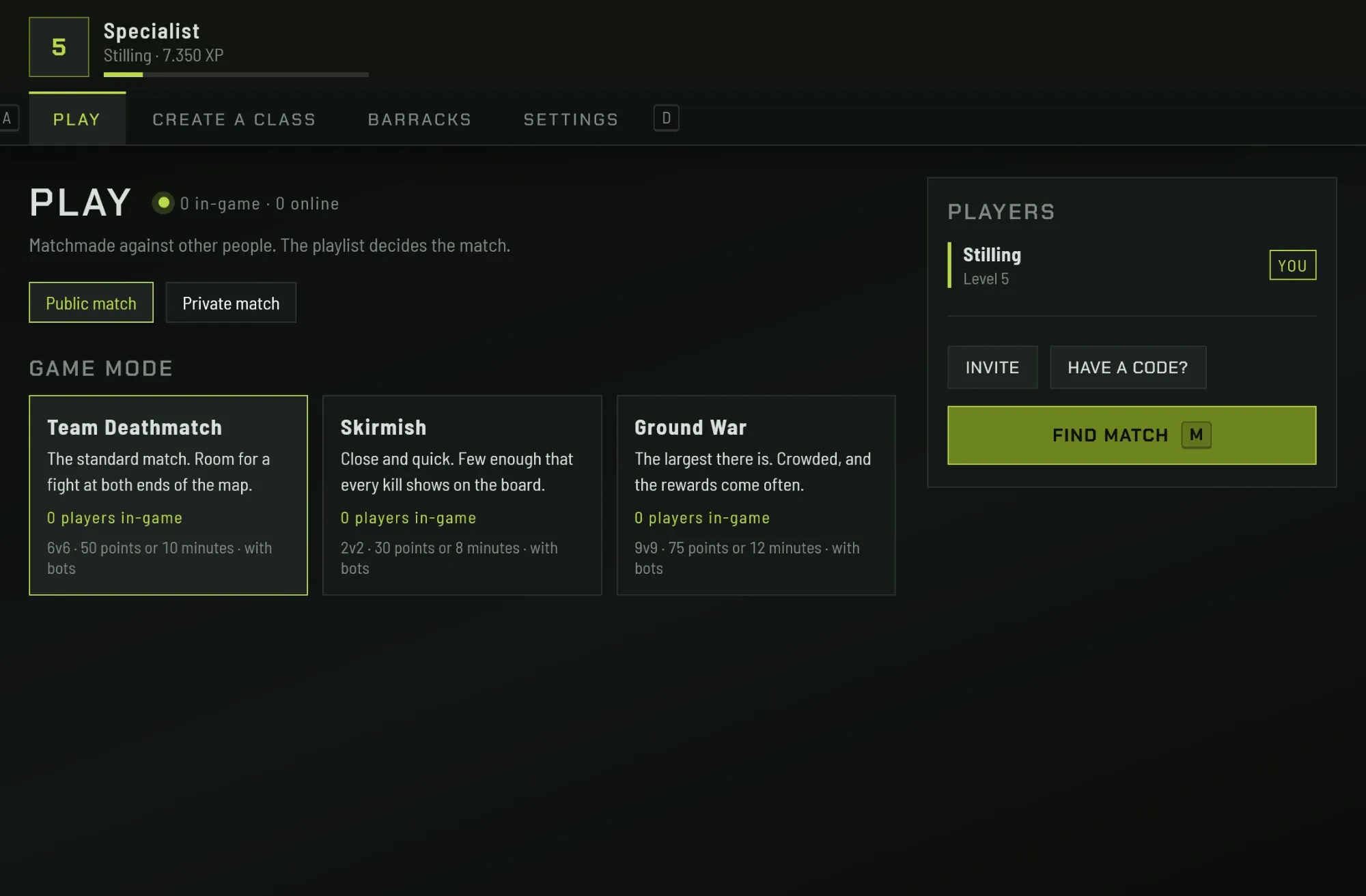 The Play screen: public or private match, three game modes, and the party.