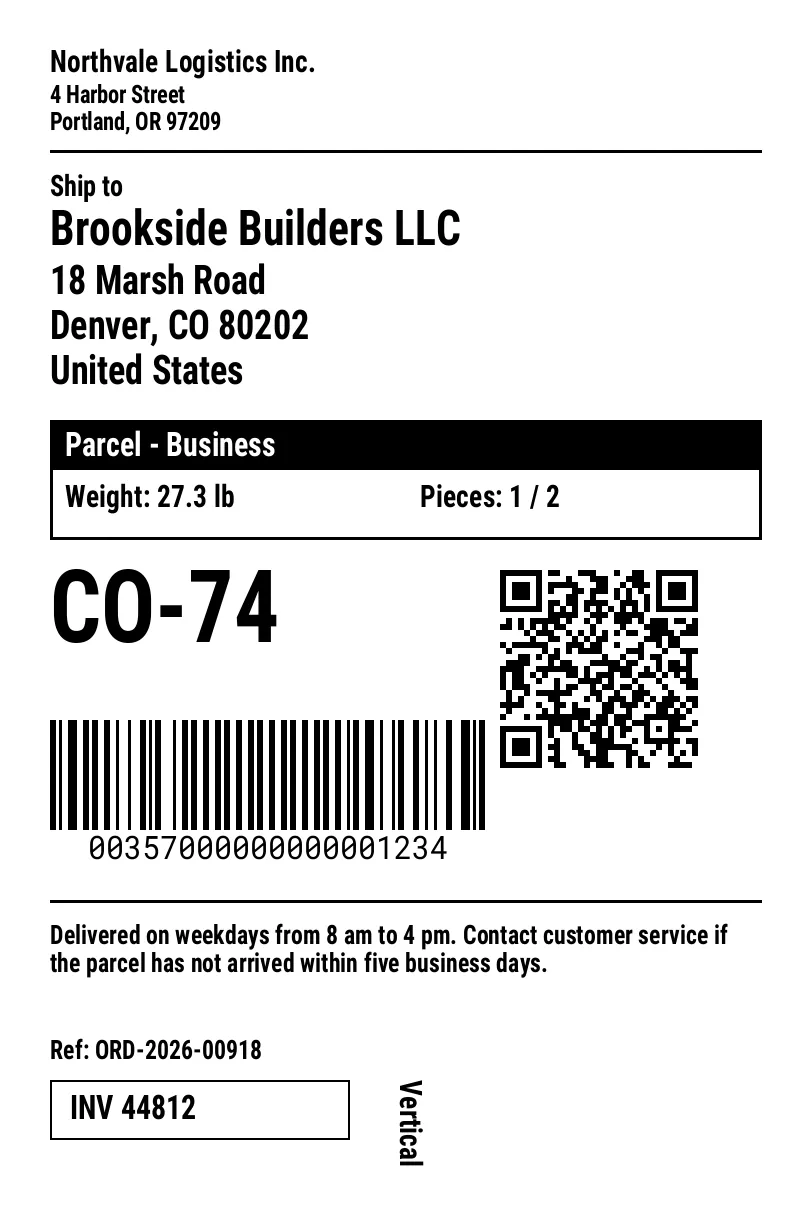 A shipping label with addresses, a QR code and a Code 128 barcode