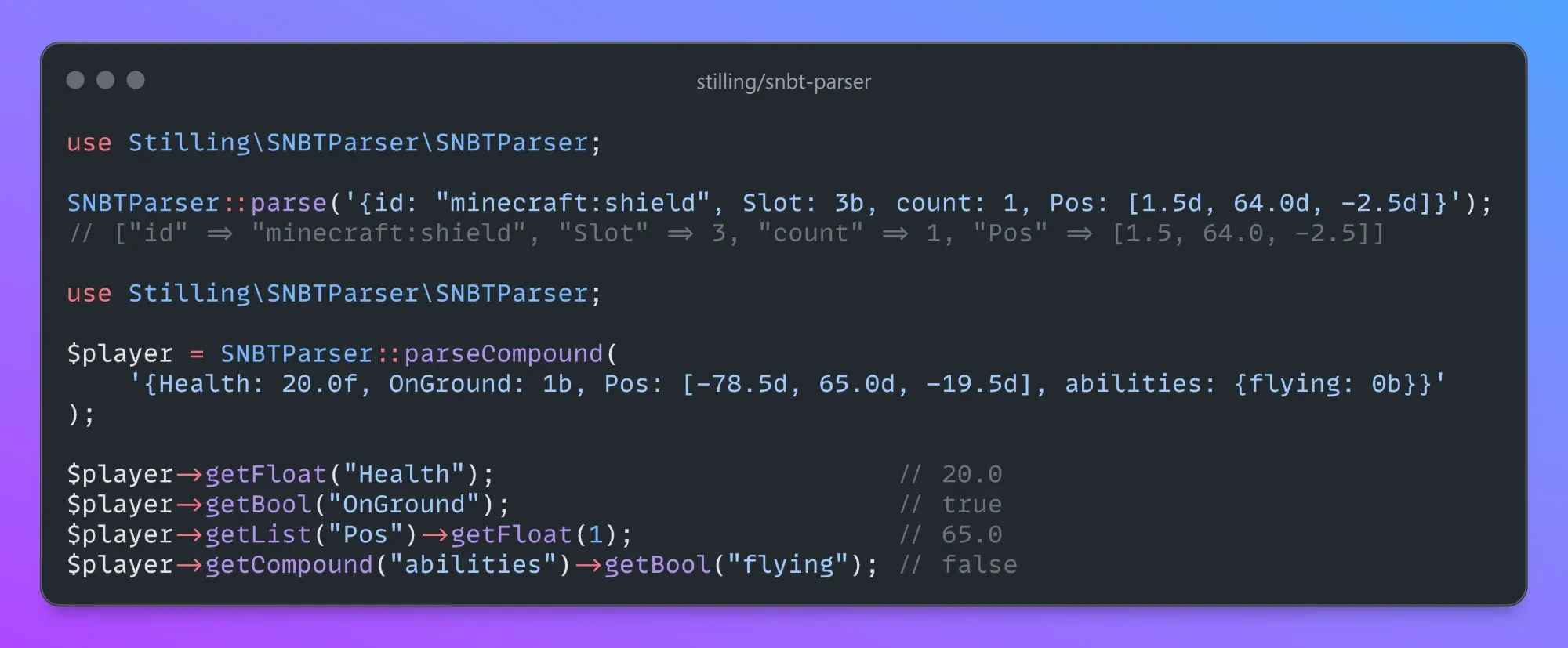 PHP code that parses SNBT strings. SNBTParser::parse returns a PHP array, and SNBTParser::parseCompound returns an object with typed getters such as getFloat, getBool, getList and getCompound.