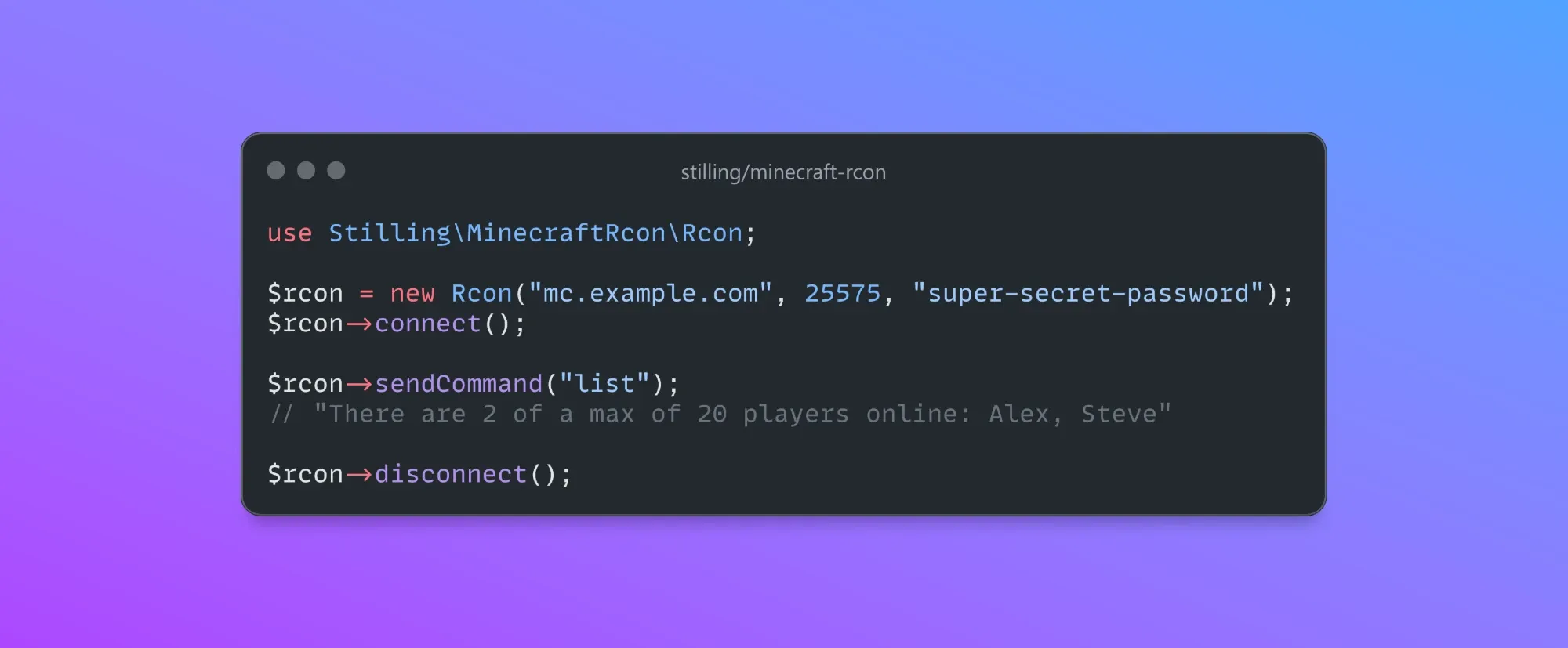 PHP code that connects to a Minecraft server over RCON, sends the list command, which returns the players online, and disconnects.